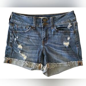 🌞SO Low Rise Midi Blue Jean Shorts Distressed Cuffed ~EC
